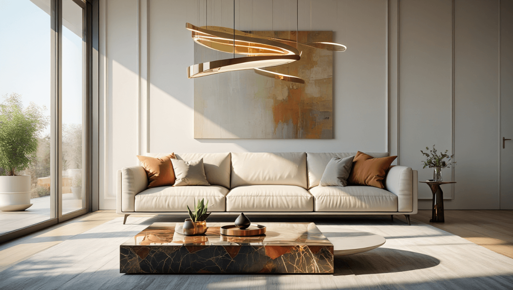 small living room with terracotta sculptural metal staircase